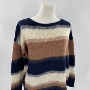 Sezane Navy Brown Cream Stripe Sweater Mohair Wool Knit Pullover XS S